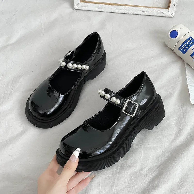 Breakj Breakj Retro British Style Small Leather Shoes Women 2025 Spring New Beaded Fairy With Thick-Soled Mary Jane Single Shoes