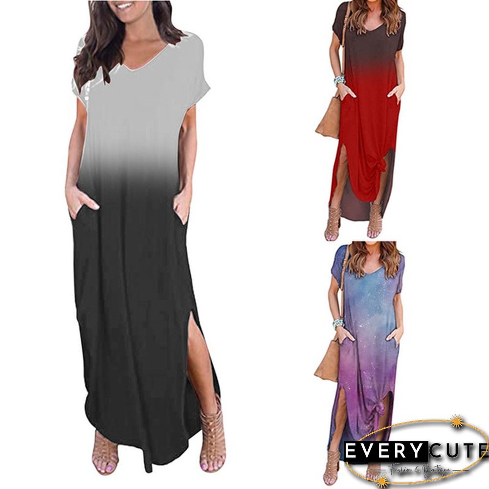 Summer New Women Boho Tie-Dye Pullover Short Sleeve Maxi Beach Sundress Casual Loose Long Slip Dress