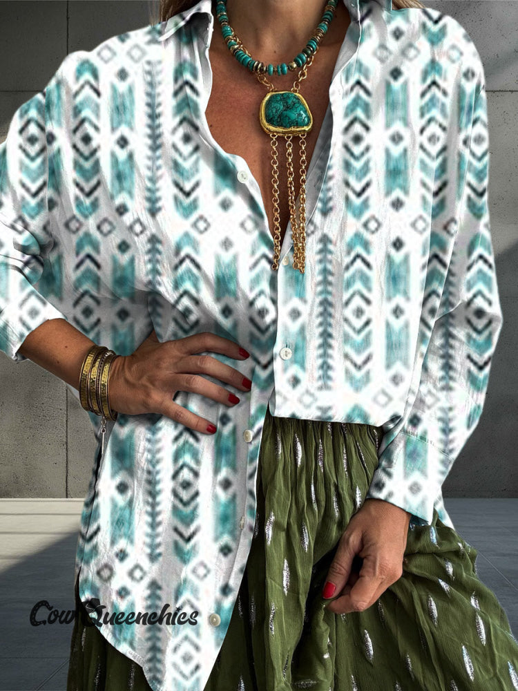 Women’s Vintage Aztec Art Print Casual Cotton Shirt Multicolor / S