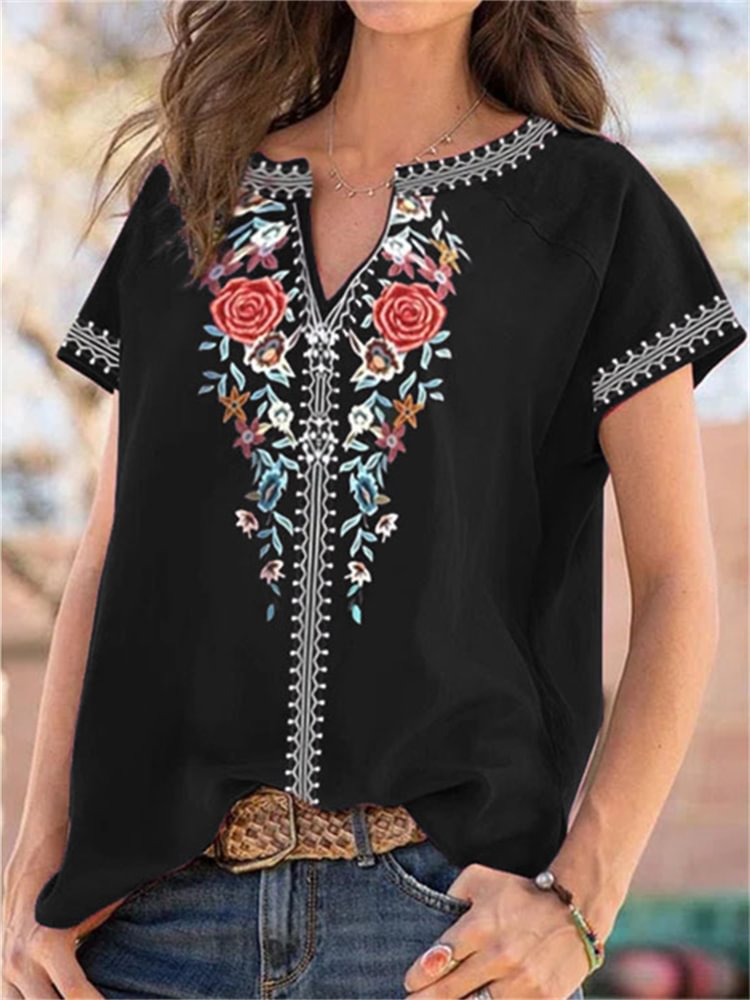 Artwishers Ethnic Floral Embellished Notch Neck T Shirt
