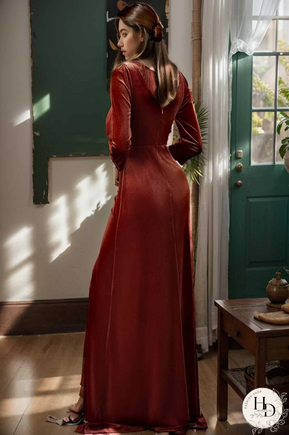 velvet 3 4 length sleeve illusion v neck front slit evening dress