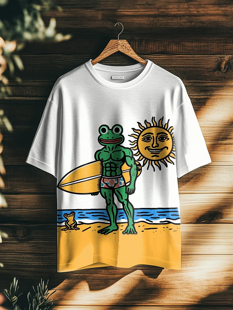 Men's Vacation Muscle Frog Surfing Print Casual T-Shirt