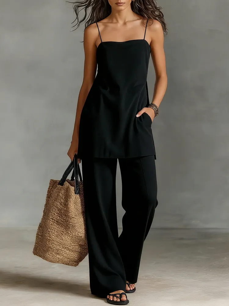 Black Halter Top And Straight-leg Pants Two-piece Set