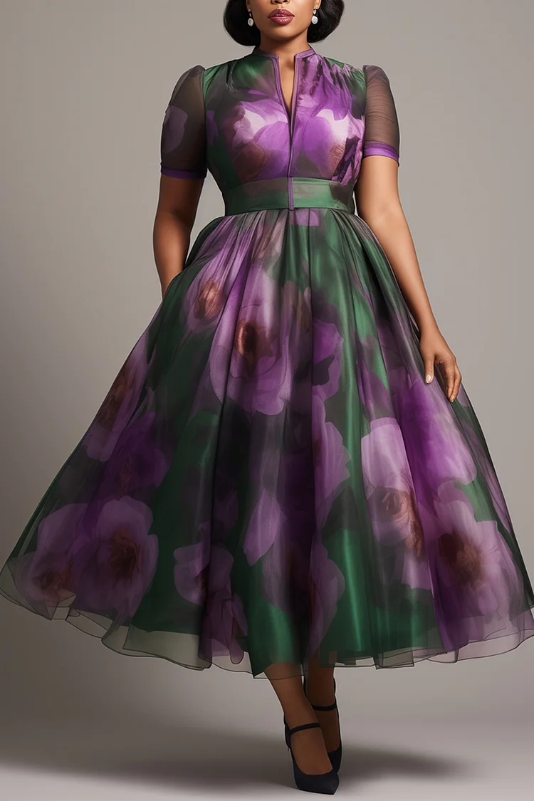 Xpluswear Design Plus Size Wedding Guest Purple Floral Round Neck Short Sleeve Pocket Organza Maxi Dresses