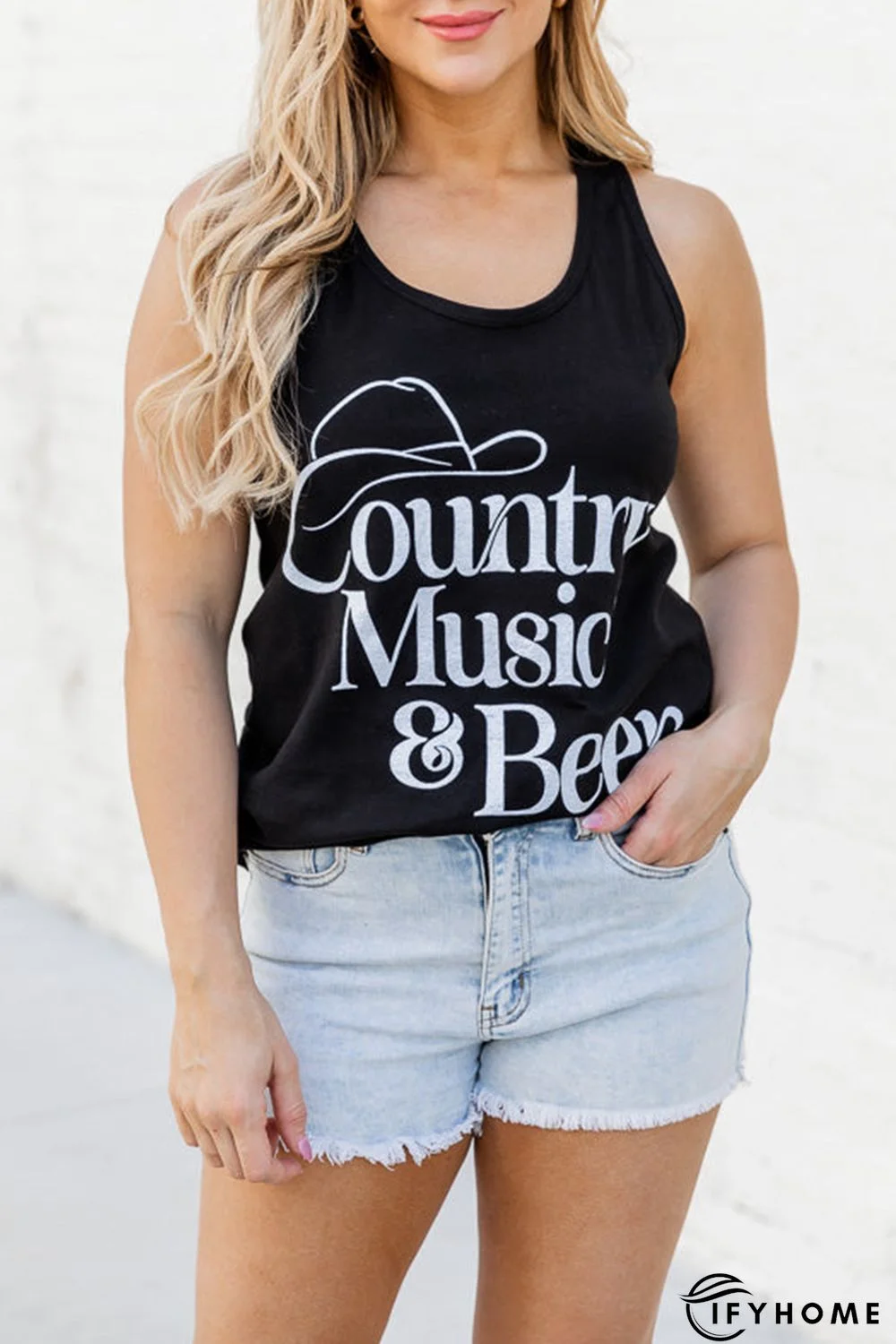 Black U-Neck Country Music & Beer Print Tank Top | IFYHOME