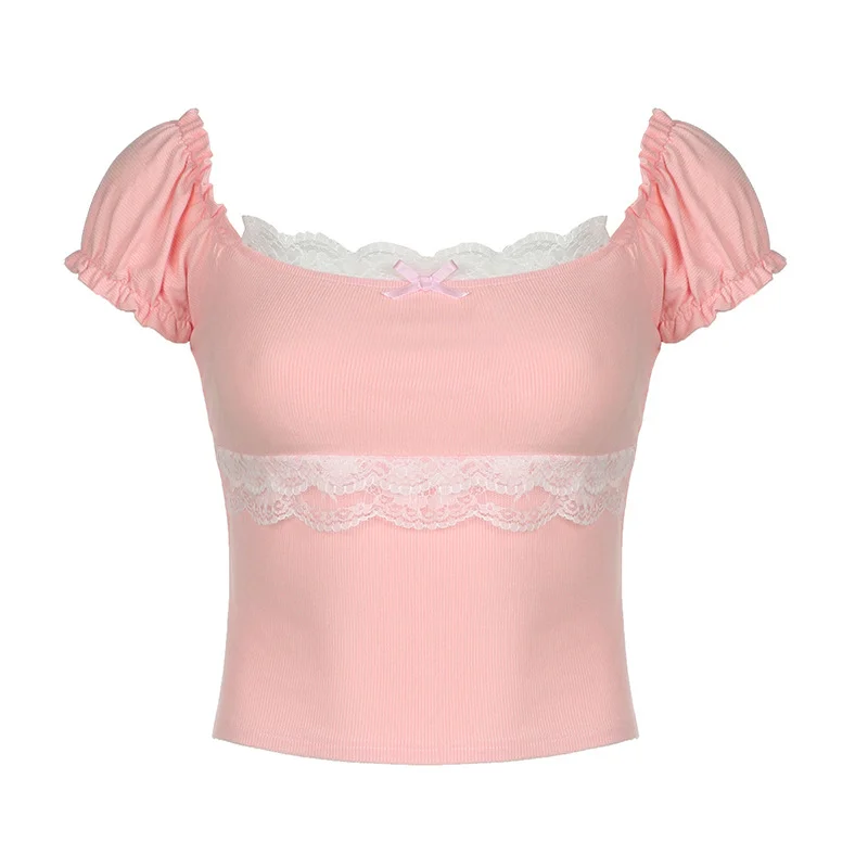 Ueong And Spicy Girl Pure Desire Square Collar Lace Spliced Bubble Sleeve T-Shirt Girl Bow Slim Knitted Blouse