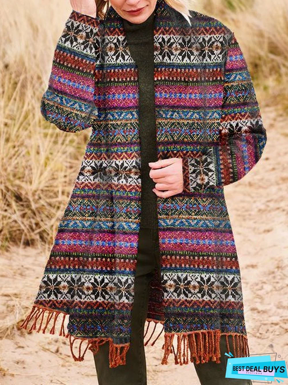 Collarless Tribal Loosen Cardigan