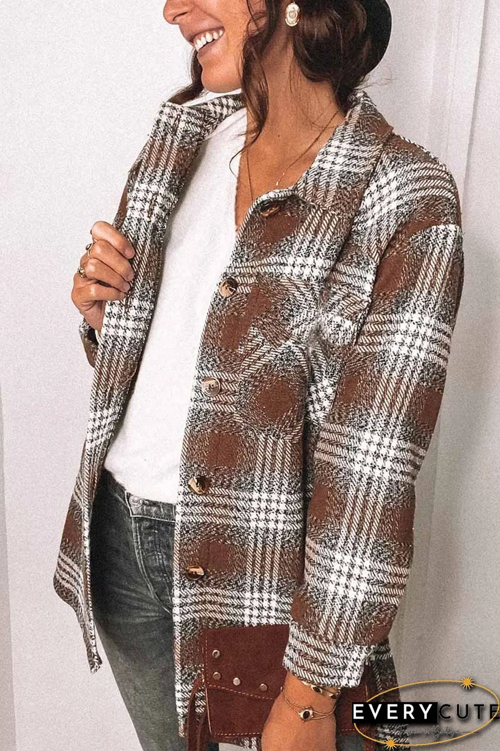 Fashion Lapel Loose Plaid Jacket Tops(3 Colors)