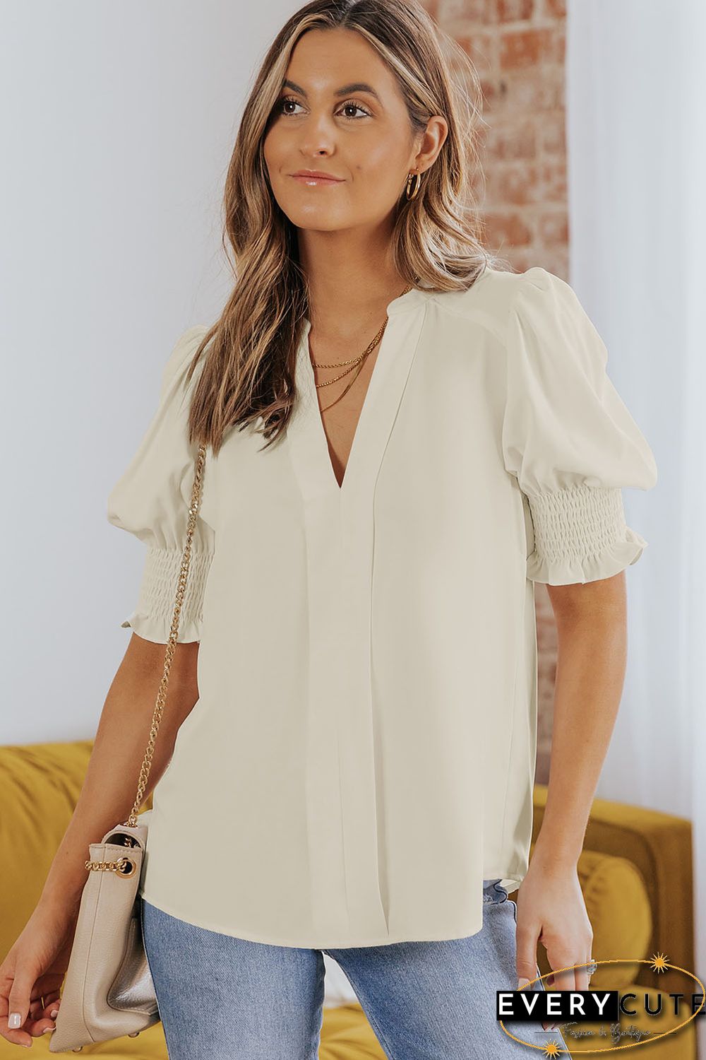 Apricot Solid Color Half Sleeve V Neck Blouse