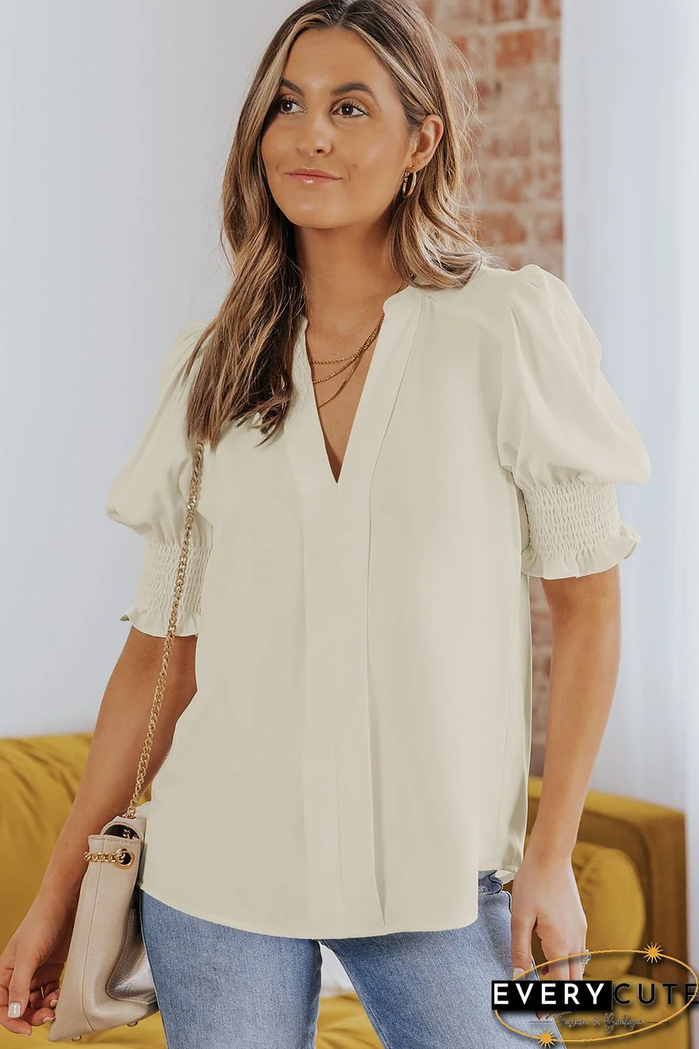 Apricot Solid Color Half Sleeve V Neck Blouse