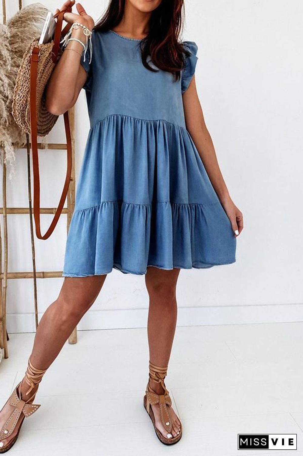 Denim Solid Short Sleeve Tired Dress