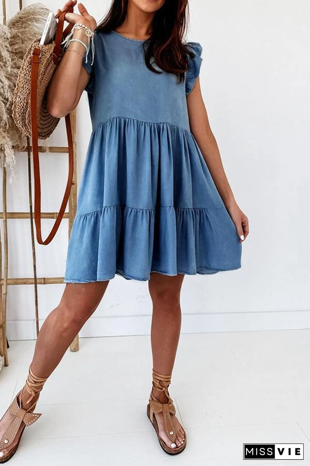 Denim Solid Short Sleeve Tired Dress