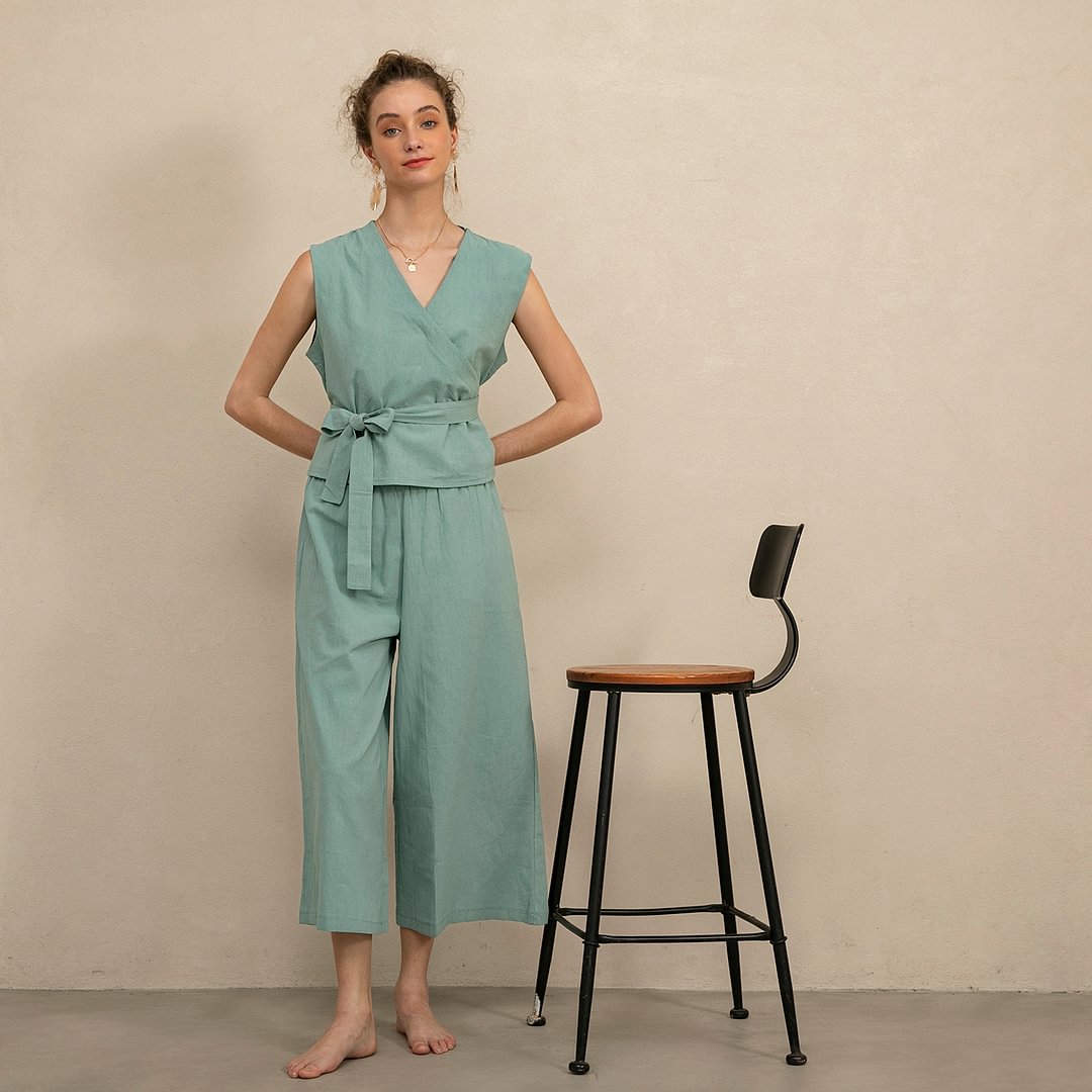 Casual V Neck Wrap Top With Wide Leg Pants