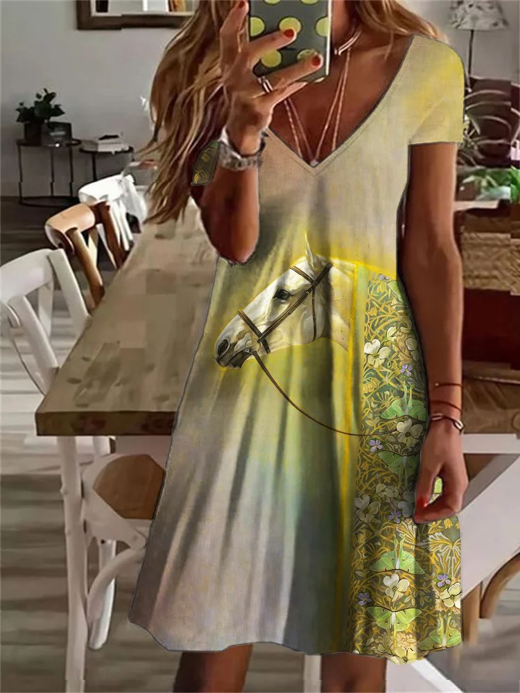Floral & Golden Horse Pattern V-Neck Short Sleeve Midi Dress