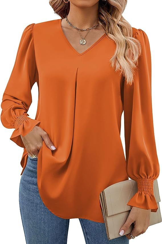 Vurtigorasn Women's New Solid Color Chiffon Shirt V-neck Pullover Flared Long Sleeved Top Shirt Office Lady Elegant Khaki Loose Blouses