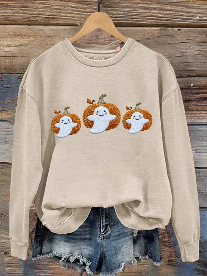 Women's Casual Fall Pumpkin Ghost Print Sweatshirt 