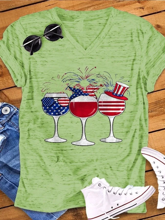 Women's Wine Glass Fireworks Flag Print Snowflake Dot V-Neck Short Sleeve T-Shirt