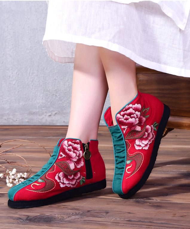 Casual Embroideried zippered Splicing Boots Red Linen Fabric Ankle boots CK775- Fabulory
