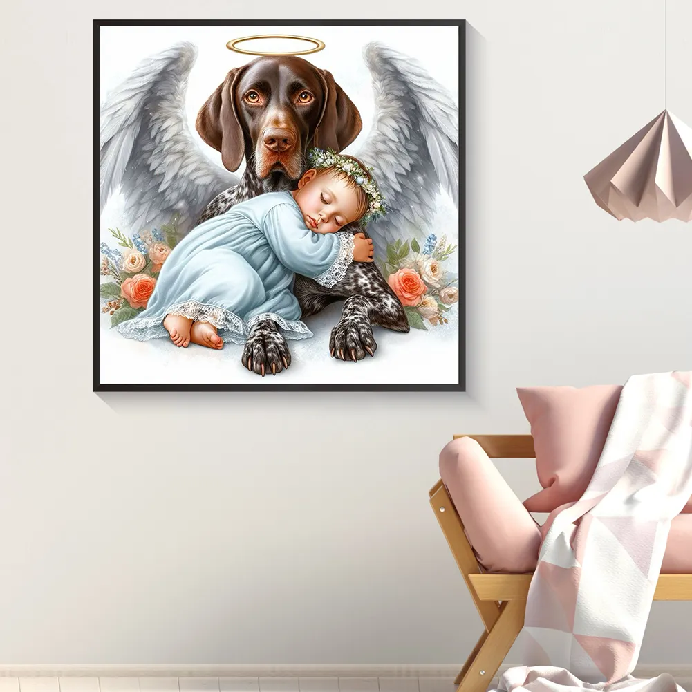 Full Round Diamond Painting 30*30cm - Angel Dog And Baby