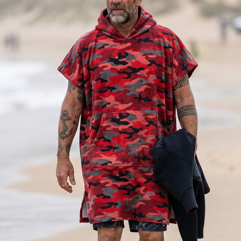 thesupersurf Red Camouflage Towel Poncho With Hood, Soft Terry Cloth Beach Wrap For Men And Women 