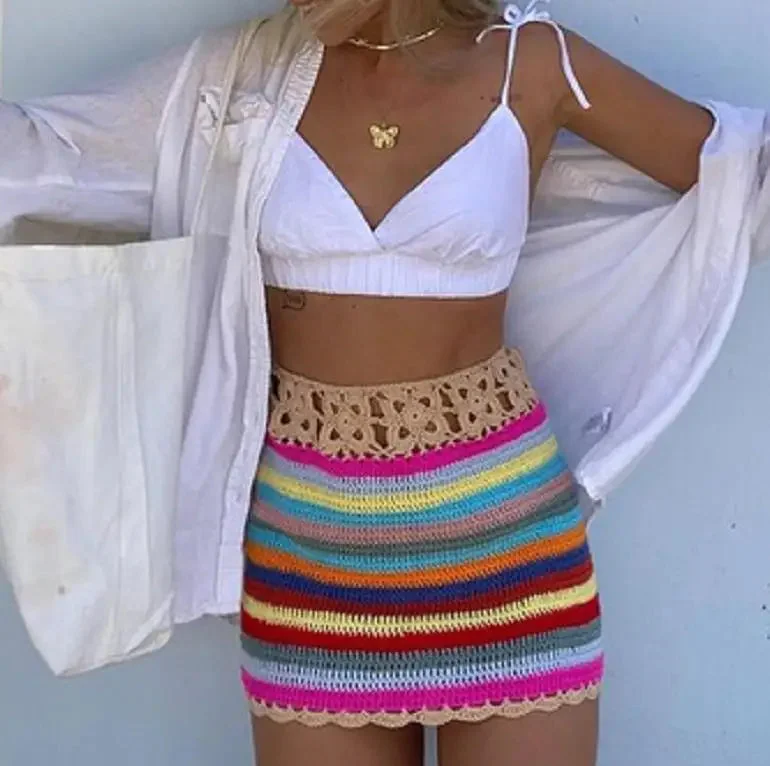 Oocharger Vintage 90s Color Block Crochet Knit Short Skirt Party Vacation Women's High Waist Bodycon Mini Skirt Streetwear