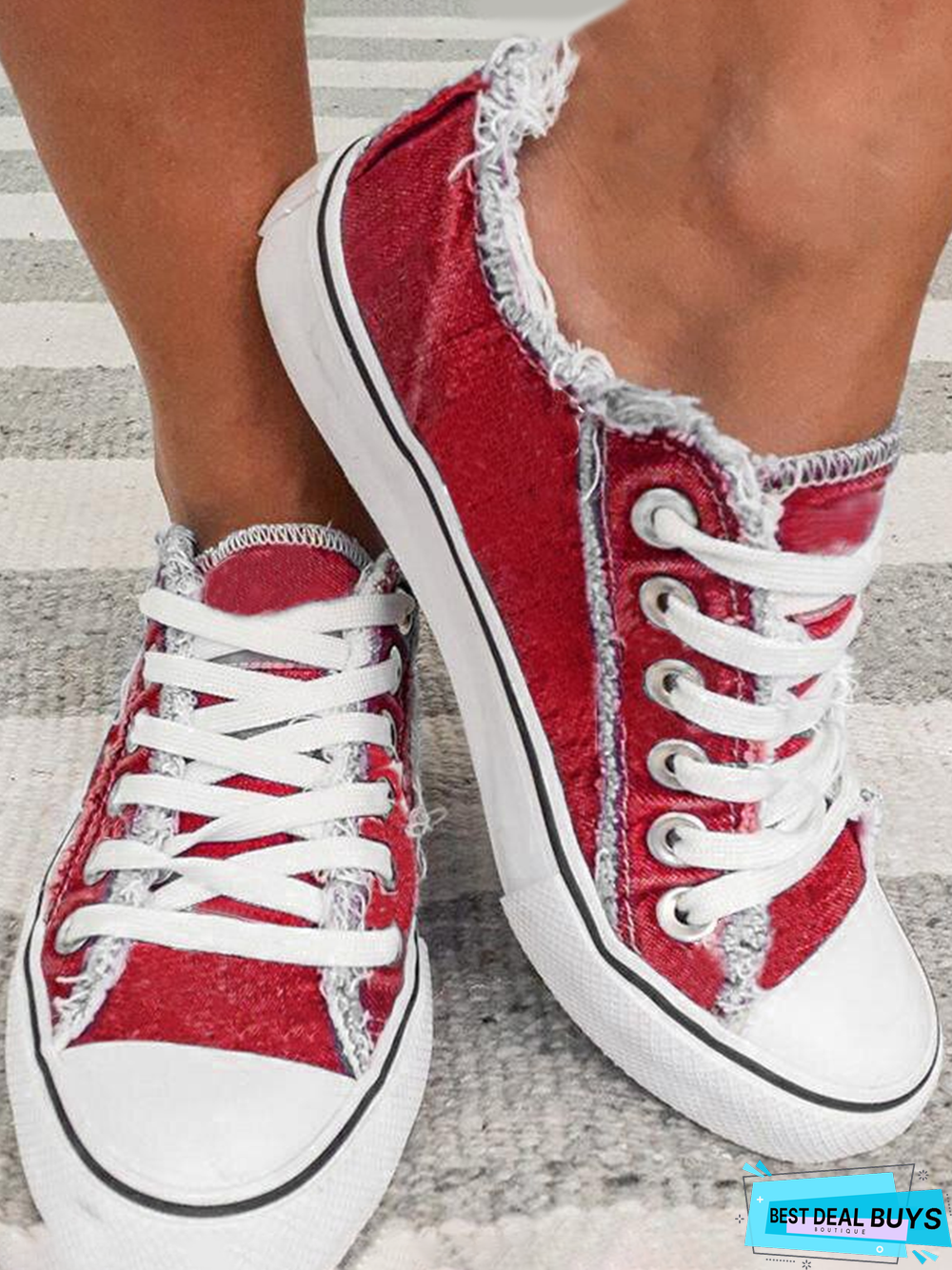 Red Washed Denim Lace-up Canvas Shoes