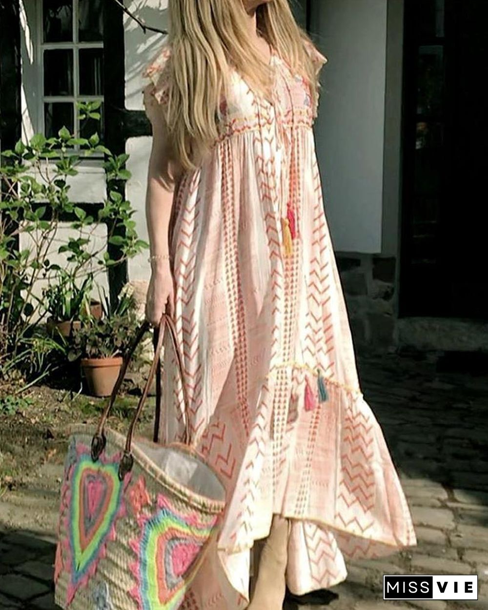 Printed V Neck Ruffle Hem Sleeveless Tassel Design Casual Loose Midi Dress P14267