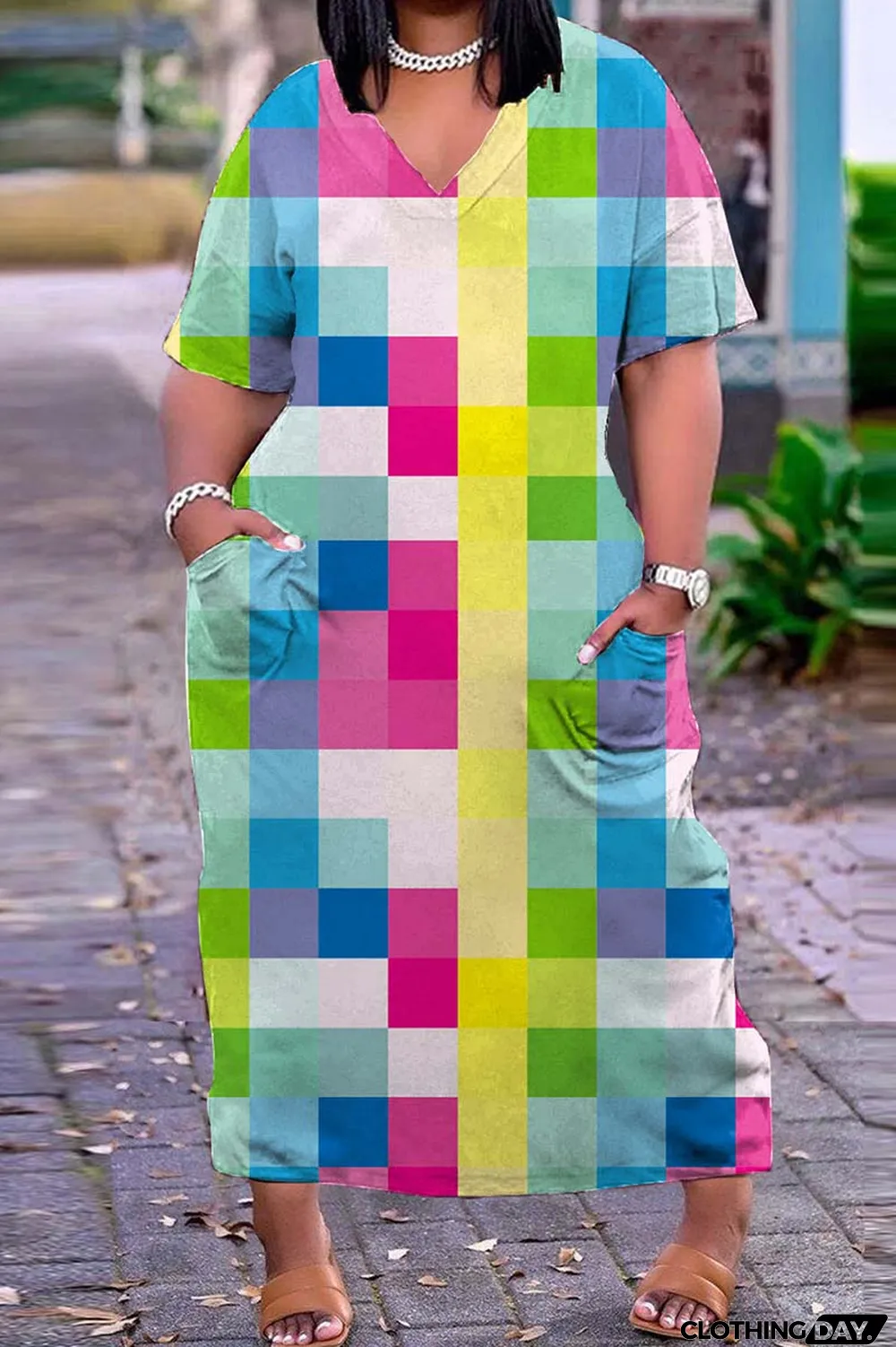 Blue Casual Print Basic V Neck Short Sleeve Dress Dresses