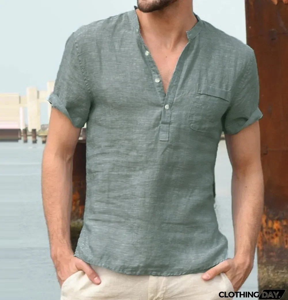 Summer Men Linen Short-Sleeved Stand Collar Buttoned Half-Open Shirt