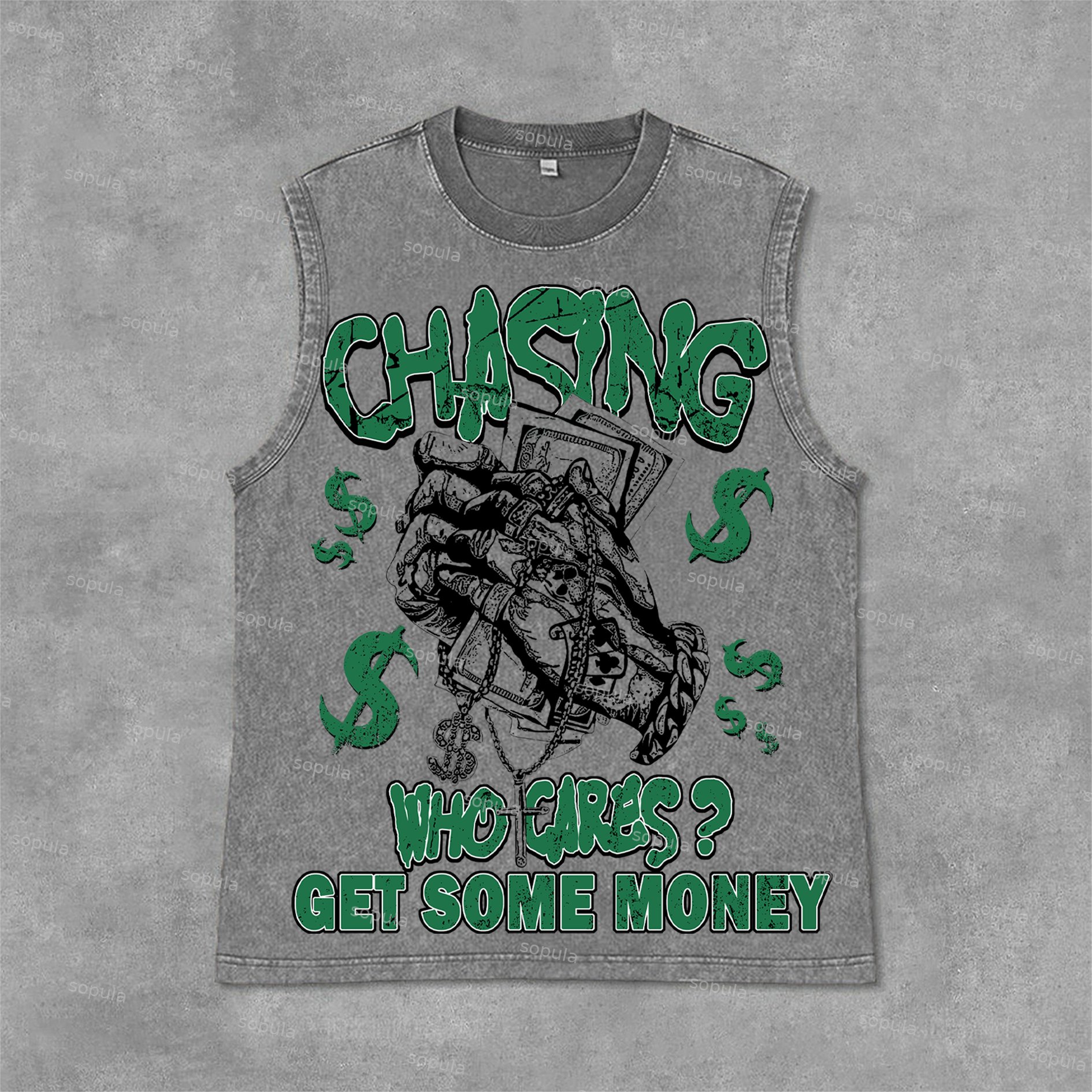 Sopula Street Chasing Money Graphic Print Acid Washed Sleeveless Tank Top - SOPULA