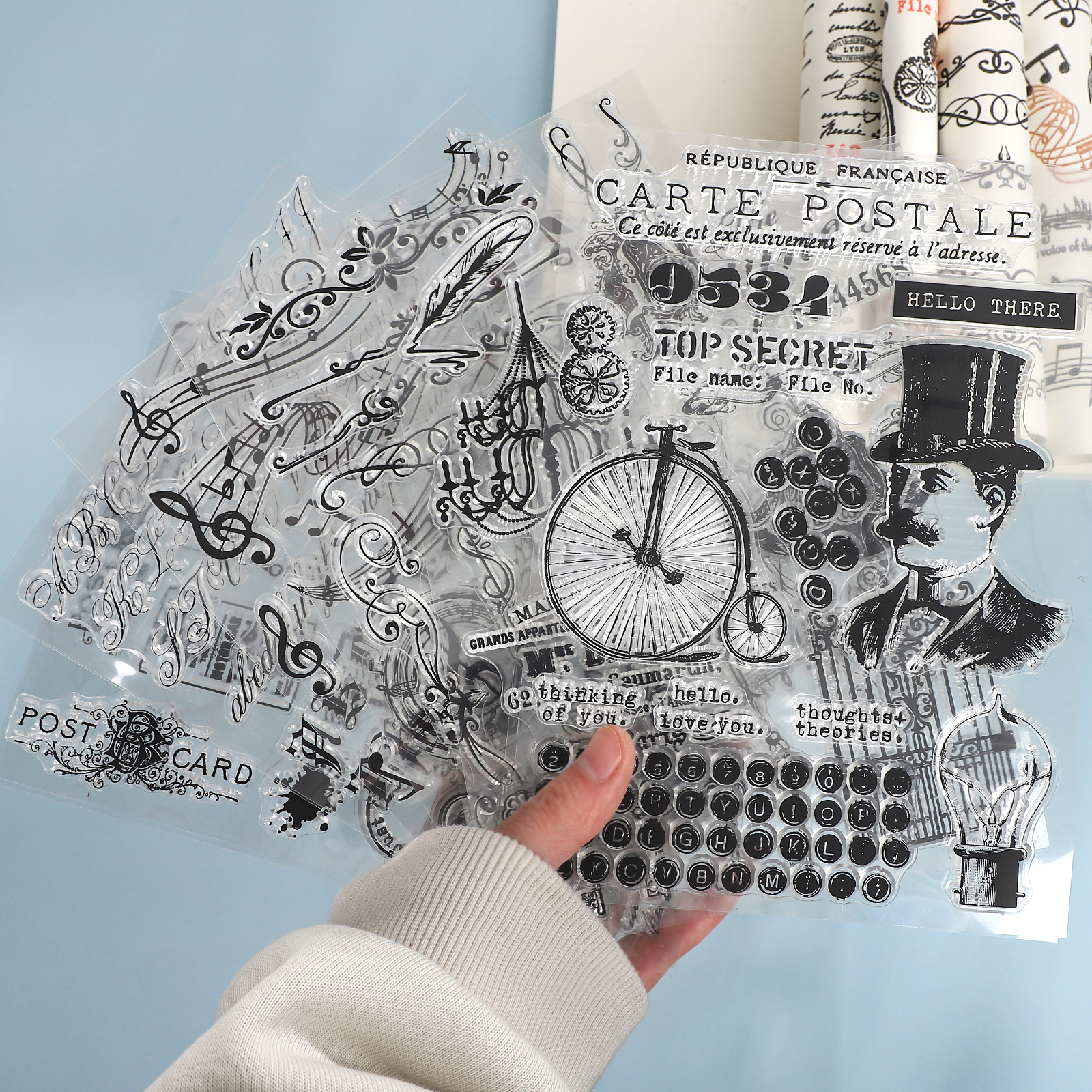 투명 실리콘 스탬프 - 빈티지 캐릭터 악보 문자 라벨 가로형