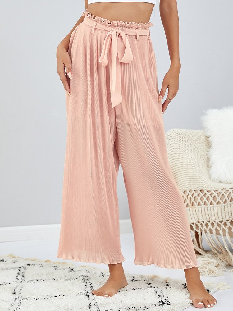 Solid Bowknot Belt Elastic Waist Wide Leg Chiffon Pants
