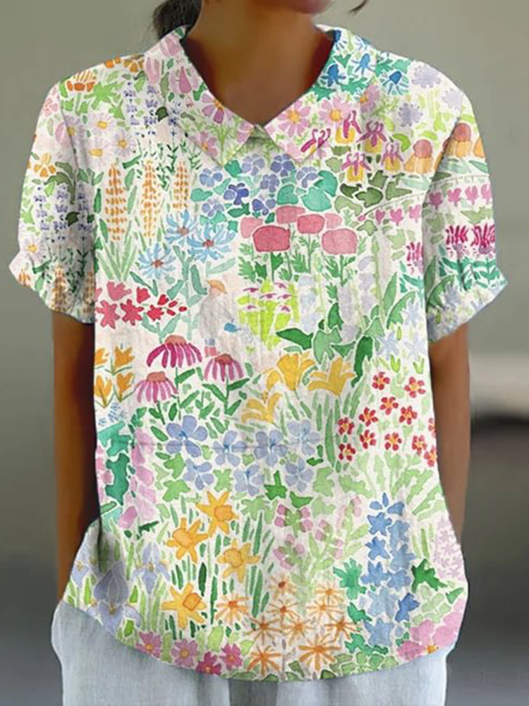 Comstylish Floral Print Lapel Casual Blouse