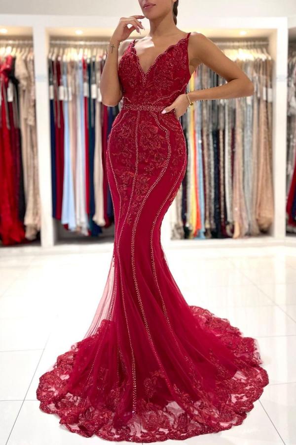 Dresseswow V-Neck Sleeveless Red Prom Dress Mermaid Long Lace Appliques