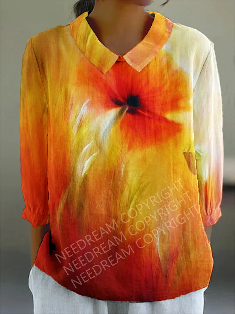 Womens Elegant Art Poppy Flower Casual Cotton And Linen Top