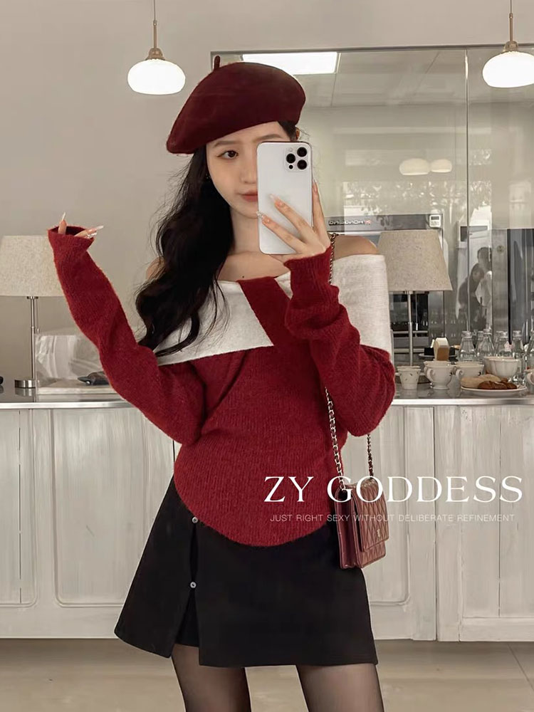 Harajuku Knitted Pullovers Patchwork Women Contrasting Colors Autumn Winter Slash Neck Sweater Korean Elegant Sweet Christmas