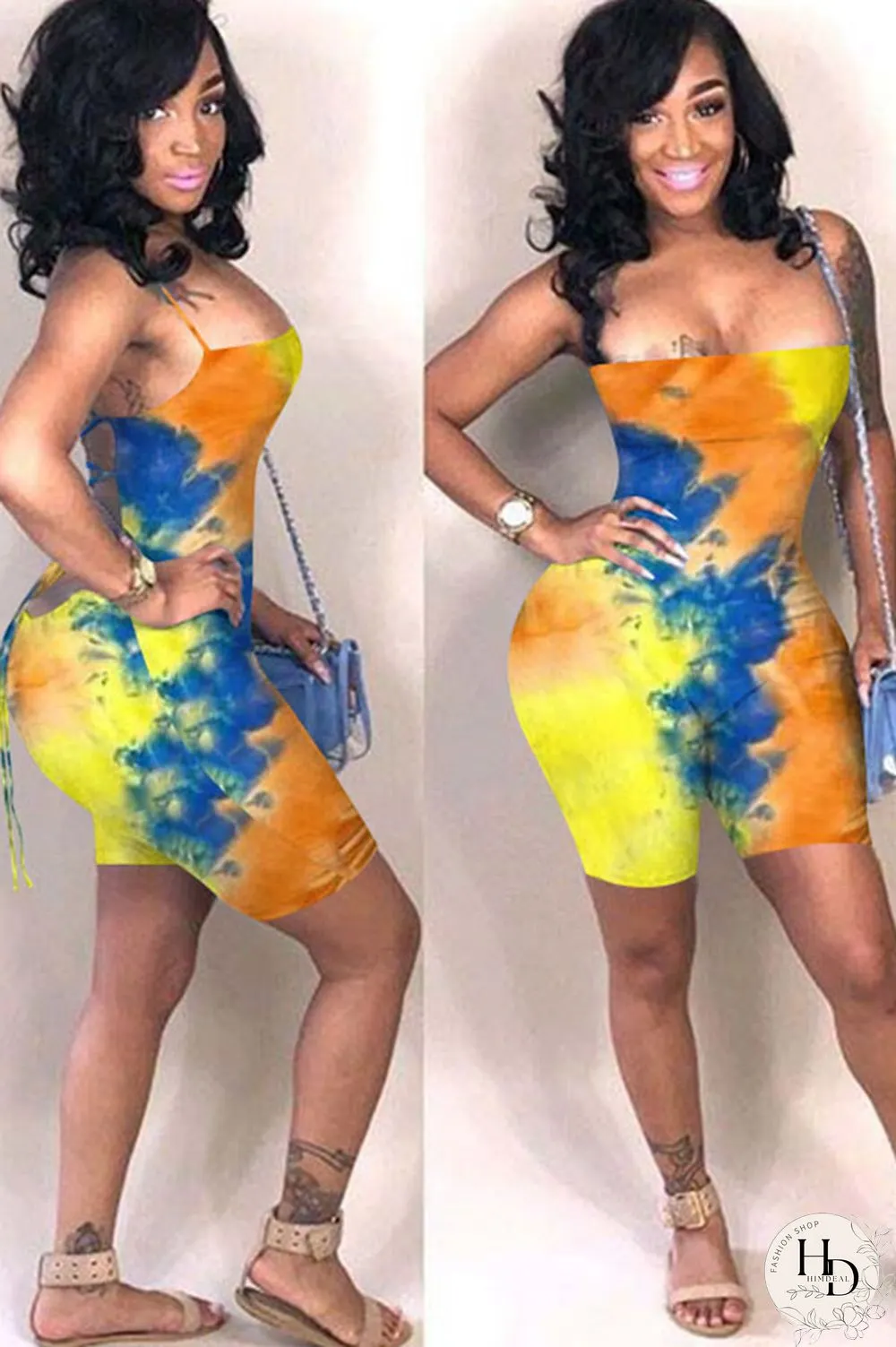 Green Fashion Sexy Coloured drawing Backless Polyester Sleeveless Slip Jumpsuits