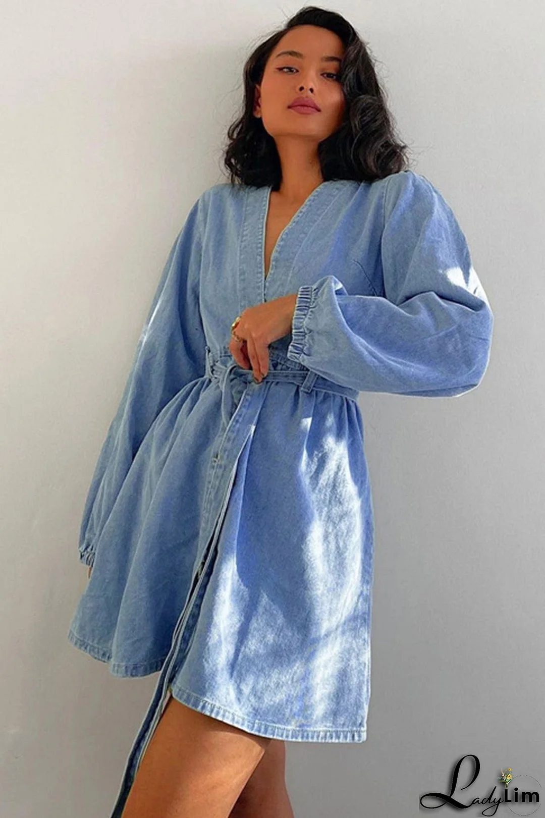 V Neck Button Front Lace Up Denim Dress