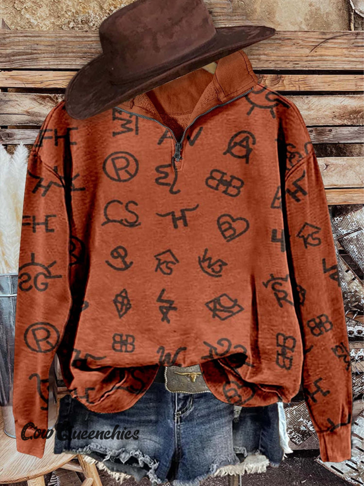 Western Cattle Brands Print Casual Long Sleeve Zip Sweatshirt Orange / S
