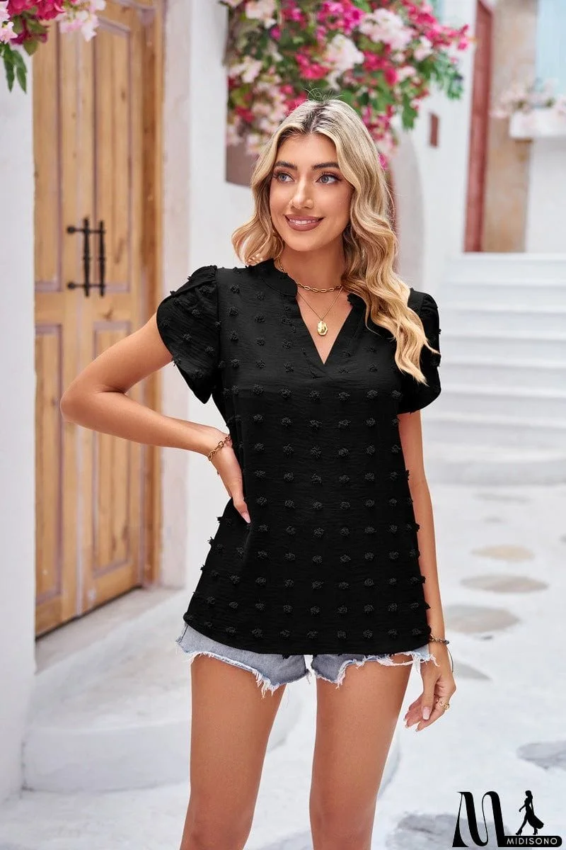 MidiSono - Swiss Dot Petal Sleeve Notched Top