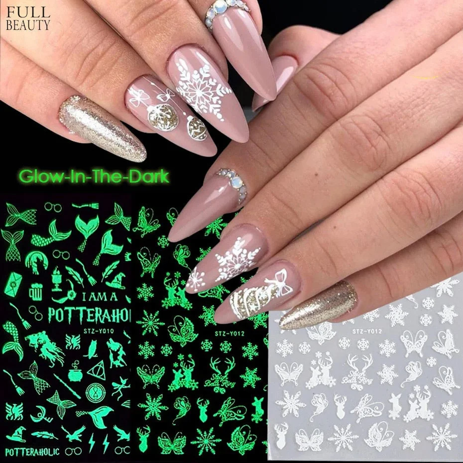 Nail Stickers Back Glue Fluorescent Light Christmas Snowflake Animal 3D Designs Nail Decal Decoration Tips For Beauty Salons-Nail Inspo
