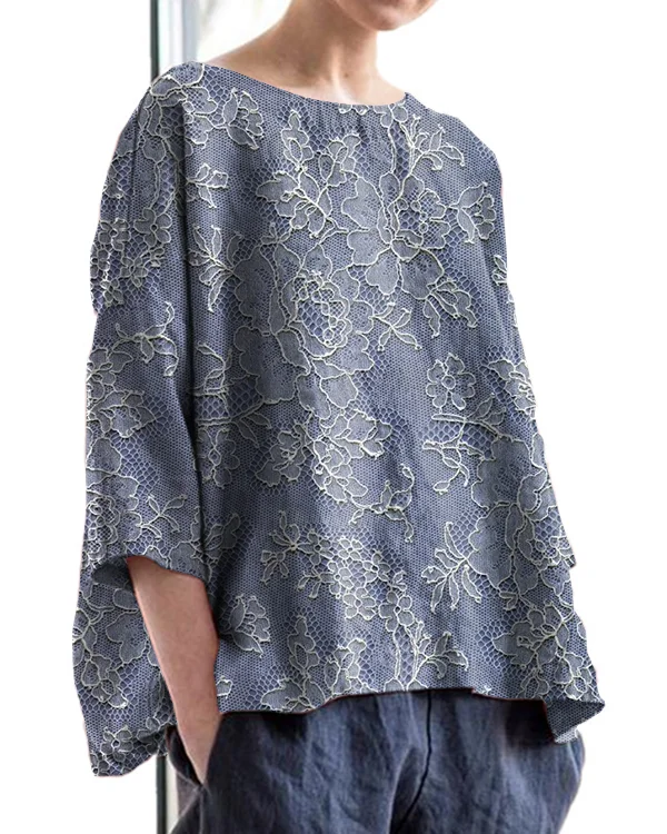 Vintage Floral Lace Embroidery Print Round Neck Linen Loose Top