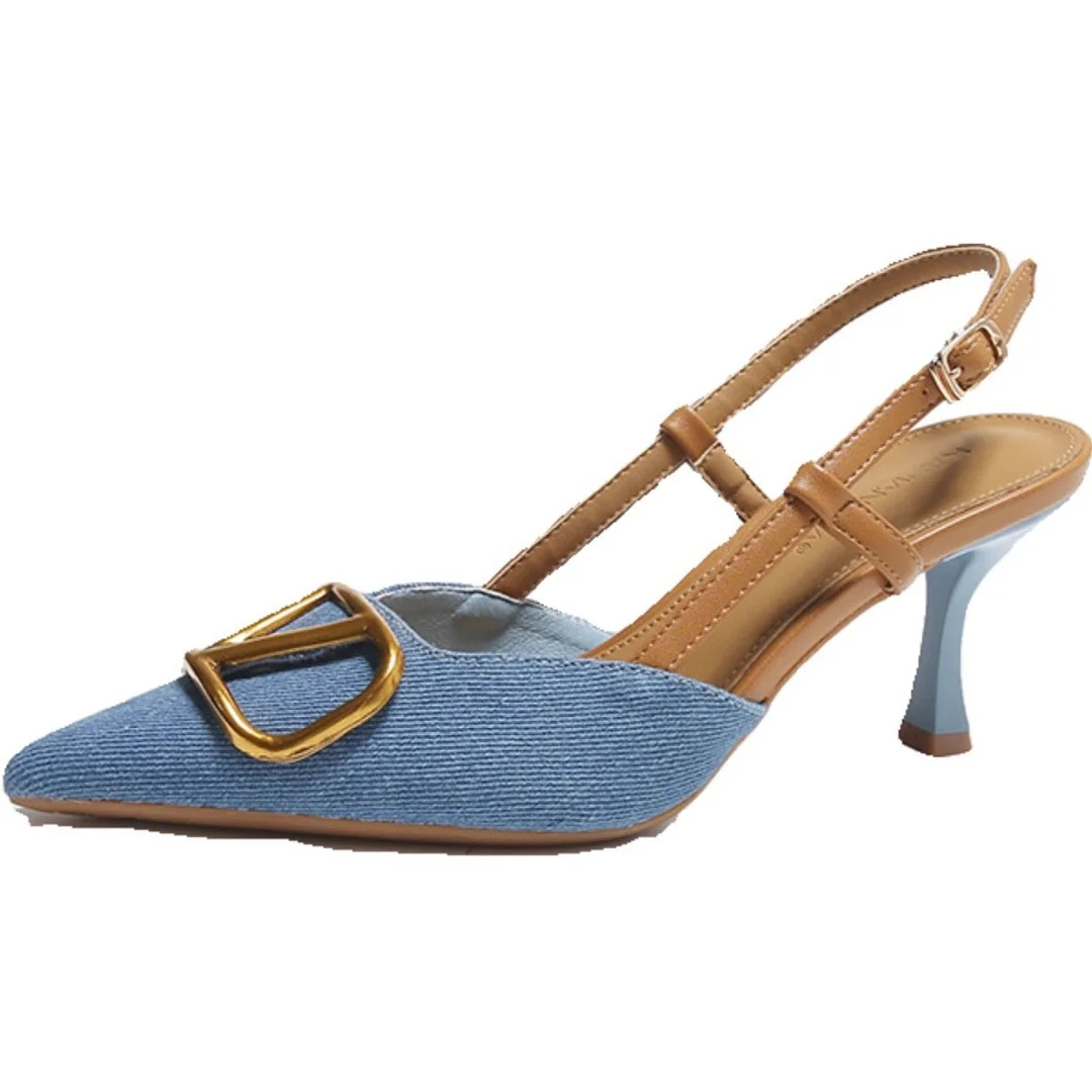 Breakj Breakj Version Of The Elegant Sharp Tip Fine Heel Single Shoes Spring And Autumn New Beautiful Temperament Denim Cloth High-Heeled Sandals