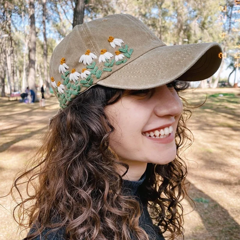 100% Hand Embroidered Flower Baseball Cap, Custom Embroidered Denim Hat,  Summer Cap, Wild Flower Cap