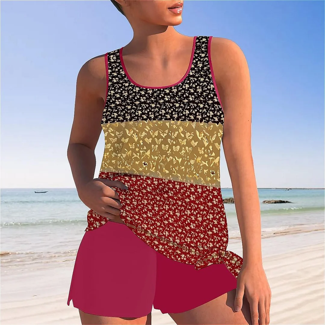 Bowknot Butterfly,Floral,Red,Light Coffe,Navy,Stitch Mid Waisted Tankini Set - Plus Size Available