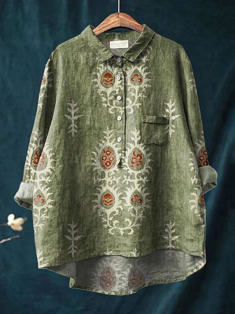 Women's Vintage Ethnic Floral Art Print Casual Cotton And Linen Shirt