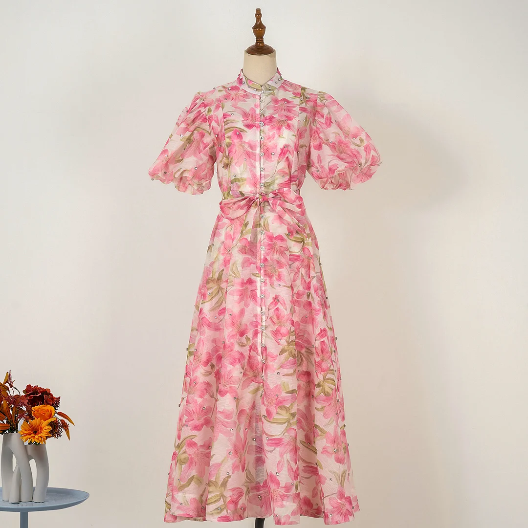 Nigikala Nigikala Court Style High Design Feeling Heavy Industry Nail Drill Short Sleeve Single Buckle Dress + Sling