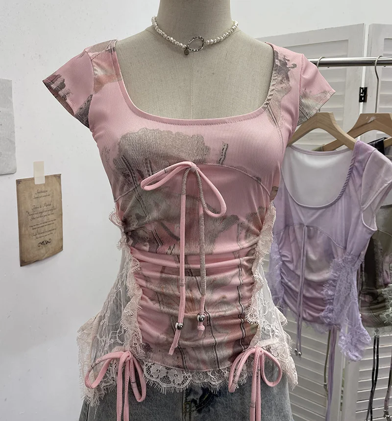 Nigikala Nigikala Industrial Lace Splicing Elastic Print With Bow Short-Sleeved T-Shirt 6185