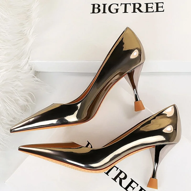 BIGTREE Shoes Patent Leather Woman Pumps Kitten Heels Metal Heel Women Shoes 2022 New Wedding Shoes Fashion Sexy Women Heels