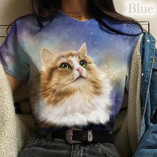 New Women's 3D Cat T Shirt Cat 3D Animal Print Round Neck Tops - Life is Beautiful for You - SheChoic
